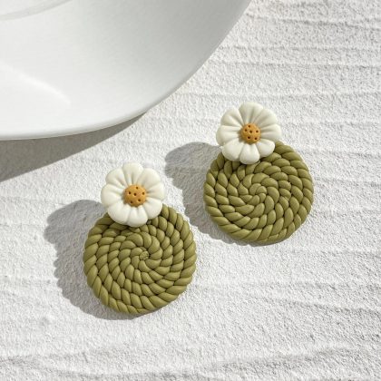 Knitted Daisy Flower Round Polymer Earrings, Green